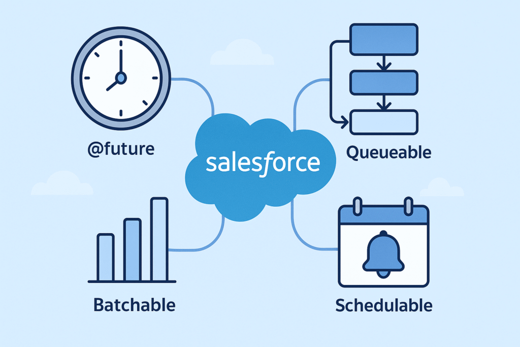 Apex Asynchronous Processing Salesforce illustration with cloud and gears