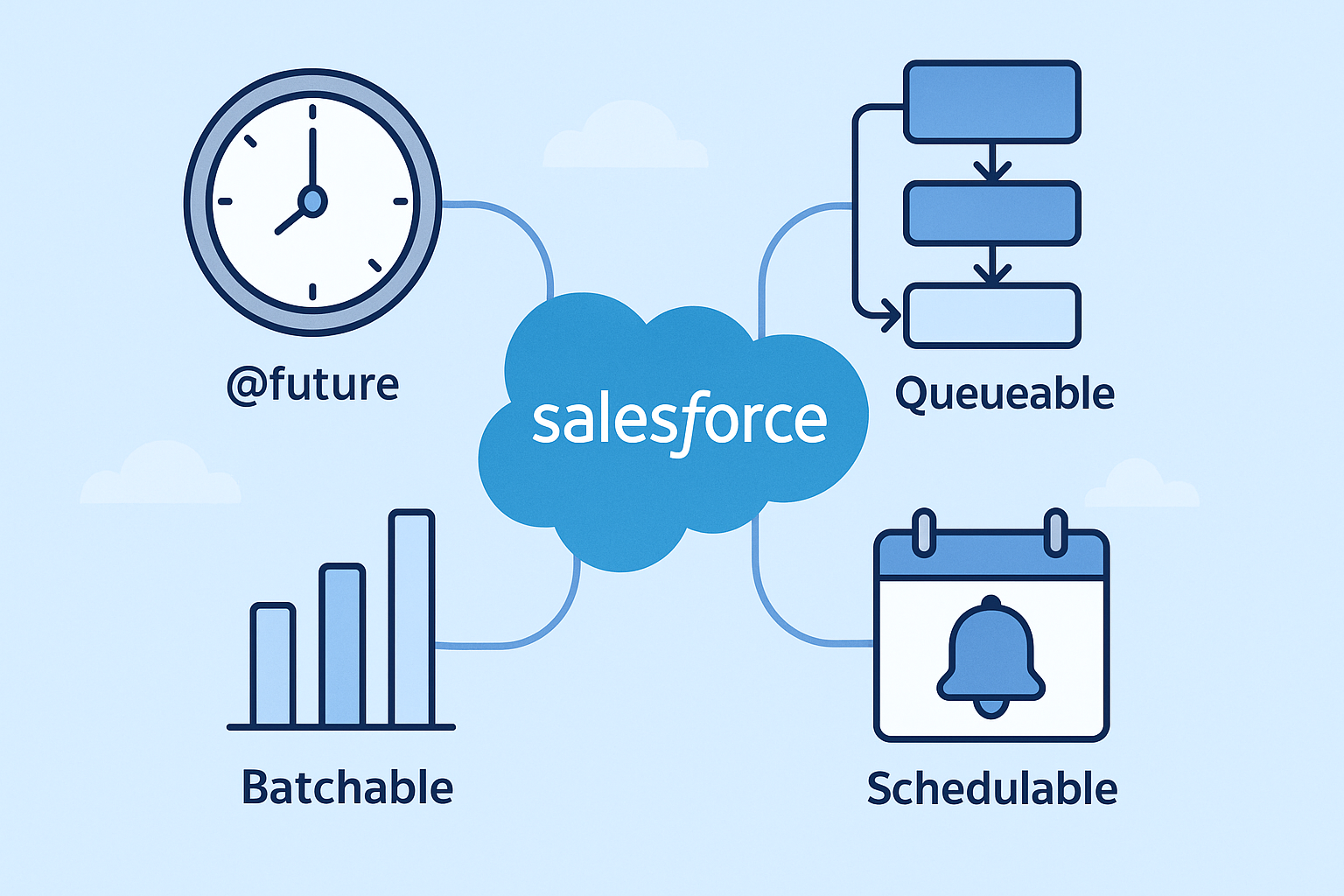 Apex Asynchronous Processing Salesforce illustration with cloud and gears