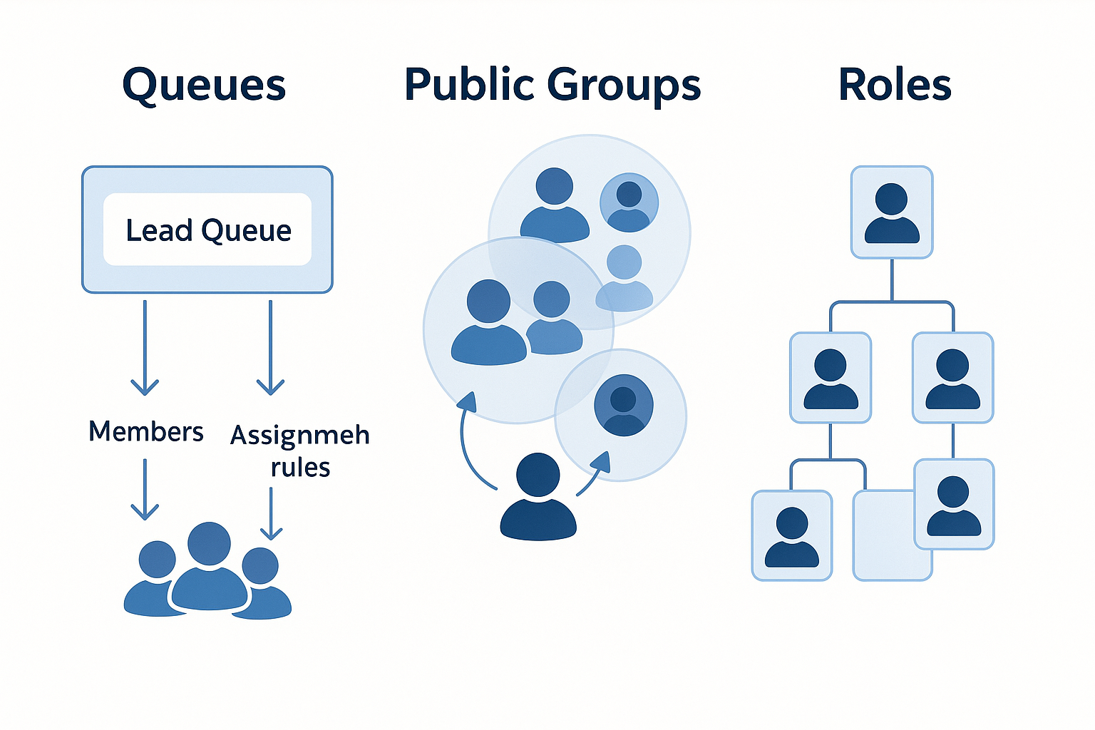 Illustration of Salesforce queues, public groups, and roles for membership audit